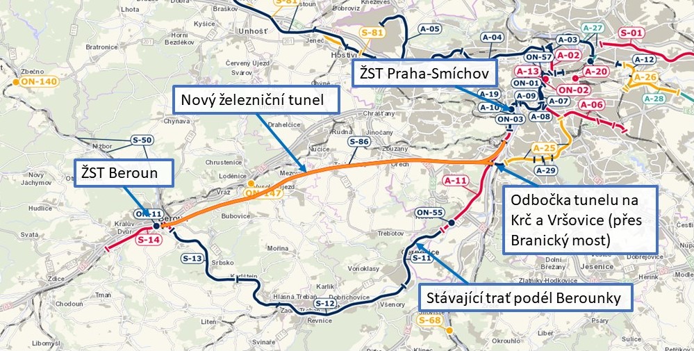 mapa plánované trasy Praha - Beroun